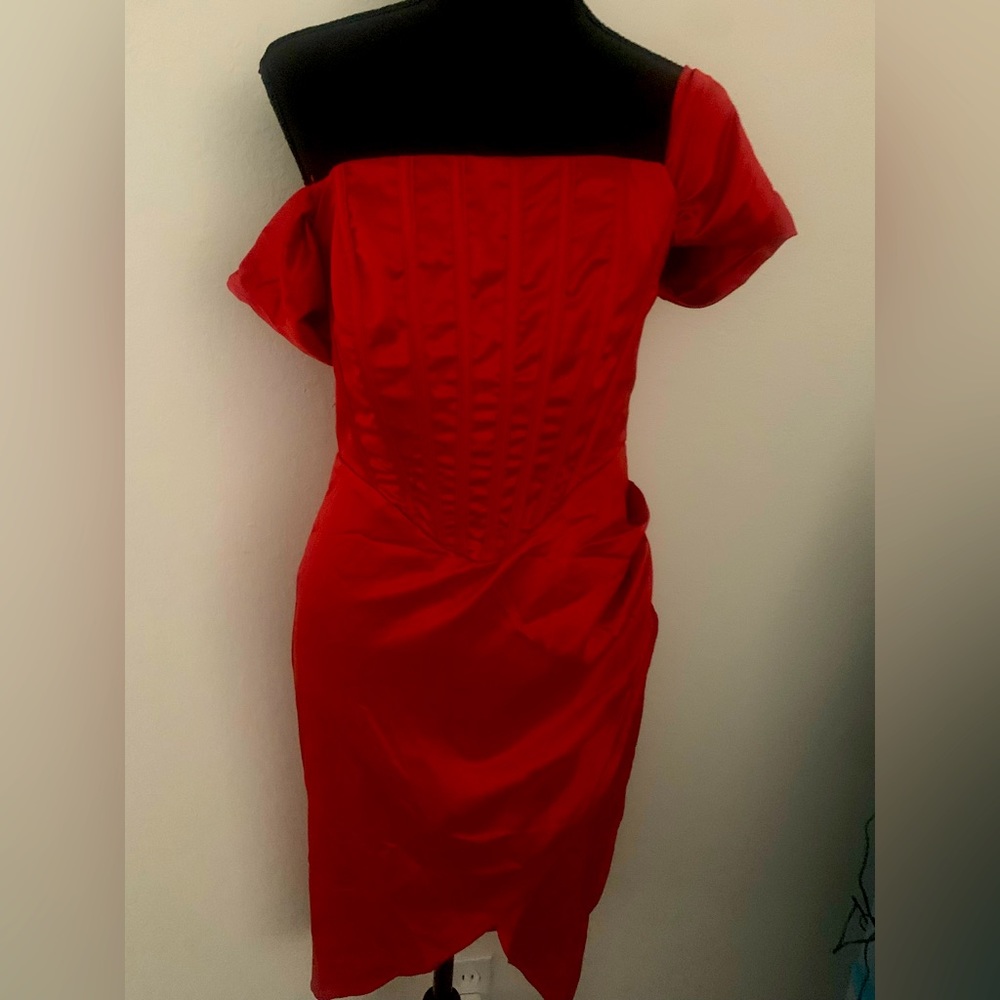 Off shoulder corset red cocktail dress ..